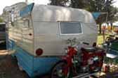 Rare 1961 Shasta Astrodome Trailer with Honda 90 Trail bike mounted on rear custom rack